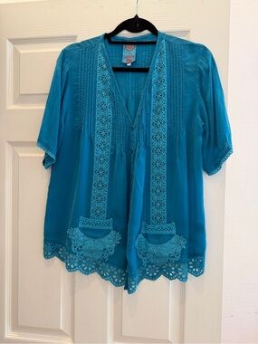 Johnny Was Boho Embroidered V-Neck Top - Teal